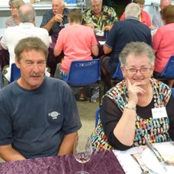 Lance (Sunseekers) and Pat (The Land Rovers) discuss value for money at the Catered Meal