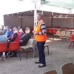 Ann addressing the waiting crowd before Afternoon Tea