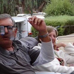 Bob B. with his prize, Lyn & Jan.