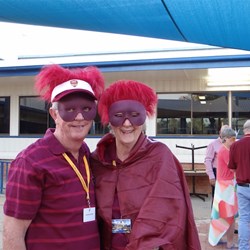 All decked out in maroon, waiting to go in.