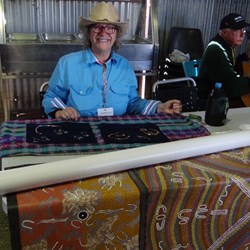 Narelle with her stall.  Aboriginal art and some jewellry.