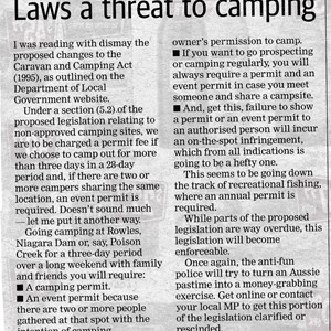 Letter to Kalgoorlie Miner Re new camping laws