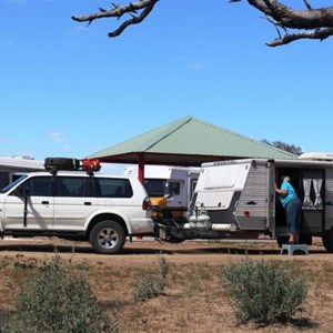 A rather busy picnic shelter at Eddie Miller Rest Area