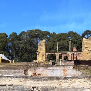 The hospital ruins on the right