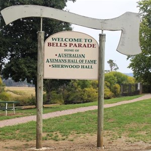 The sign beside the Mersey River direction visitors to the Axemans Hall of Fame