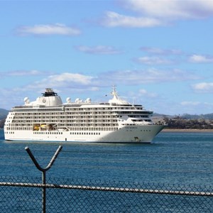 The luxury residential yacht "The World" anchored at Bell Bay