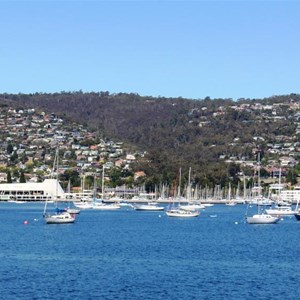 Wrest Point Casino and moored boats on Long Bay