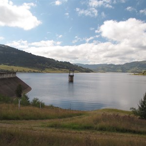 Intake tower at concrete upstream face of dam wall
