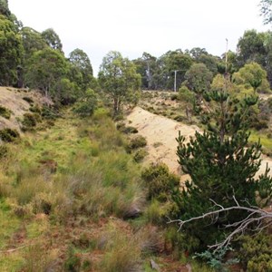 The now overgrown channel below the retaining wall