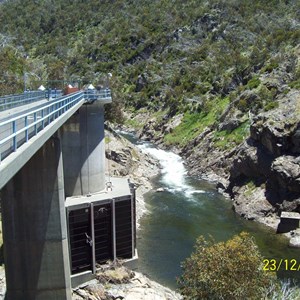 Intake structure trashracks exposed,Tumut River behind