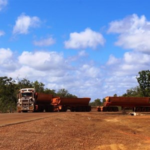 A Bramwell Station road train turning onto the Telegraph Road heading for home