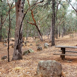 Tables and fire places in the camping area