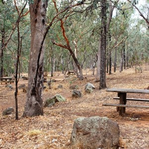 Tables and fire places in the camping area