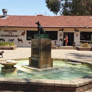 The Dog on the Tuckerbox statue and the souvenir shop near Gundagai