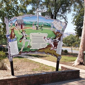 A"Dad and Dave" themed sign near the statue